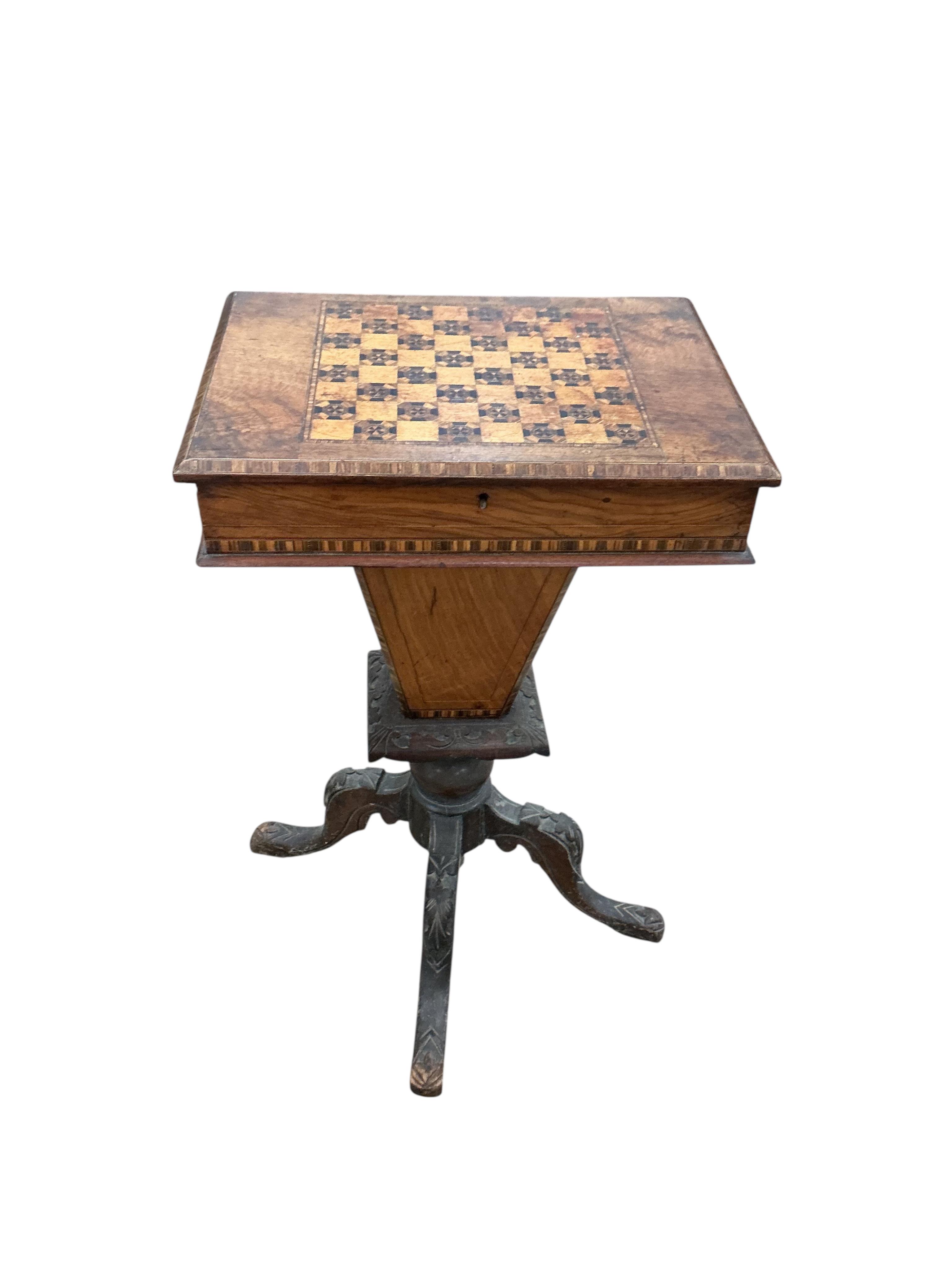 A Victorian parquetry inlaid walnut games/work table, width 48cm, depth 35cm, height 78cm.